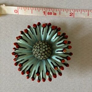 Vintage Turquoise and Red Daisy Brooch with Rhinestone Center